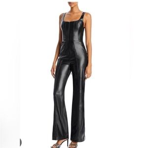 Alice + Olivia Chels Faux Leather Corset Flare Leg Jumpsuit Black Size 0